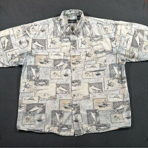 Field And Stream Fishing Button Up Shirt XL Map Fish Print Cotton